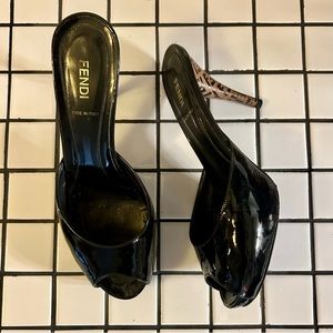 Vintage Fendi Black Patent Leather Peep Toe Mules, sz EU 38 / US 8